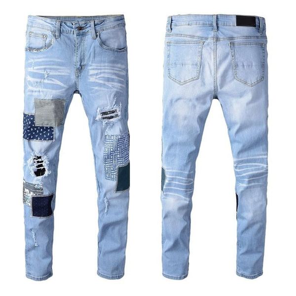 men's patchwork ripped jeans light blue holes stretch denim pants patch design trousers high quality
men's patchwork ripped jeans light blue holes stretch denim pants patch design trousers high quality