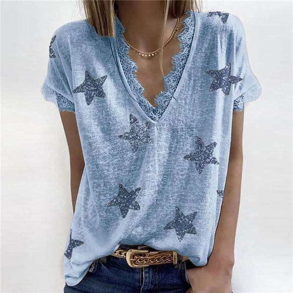 women's t-shirt 2021 ladies short sleeve tees women summer v-neck star print lace casual loose basic female clothing, White
women's t-shirt 2021 ladies short sleeve tees women summer v-neck star print lace casual loose basic female clothing, White
