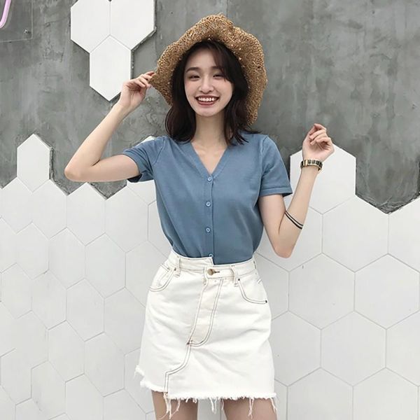 women's t-shirt summer knitted cardigan solid color short sleeve v-neck sun protection single breasted, White
women's t-shirt summer knitted cardigan solid color short sleeve v-neck sun protection single breasted, White