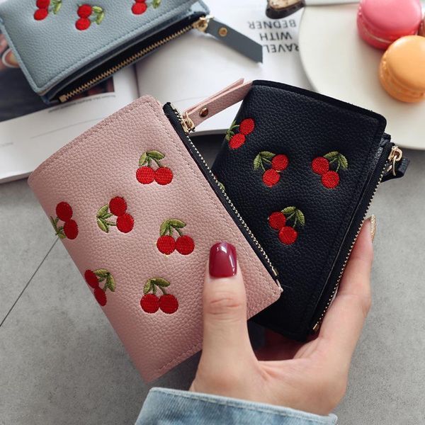 embroidery fruit cherry women wallets and purse fashion simple students wallet small leather card holder bag, Red;black 
embroidery fruit cherry women wallets and purse fashion simple students wallet small leather card holder bag, Red;black