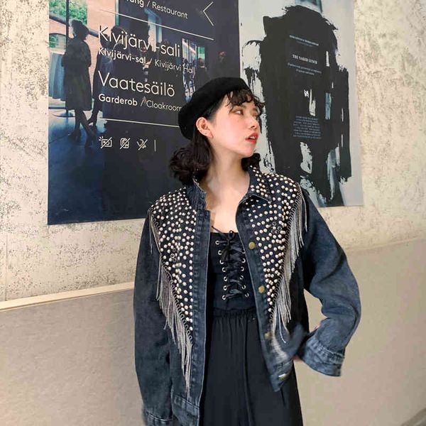 women autumn hand-studded rivet tassel chain short jeans woman's loose coat fashion streetwear denim jacket, Black;brown
women autumn hand-studded rivet tassel chain short jeans woman's loose coat fashion streetwear denim jacket, Black;brown