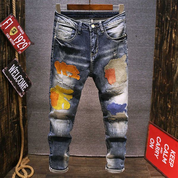 men's jeans fashion streetwear retro blue patches designer slim fit ripped for elastic punk style hip hop pants ibbo
men's jeans fashion streetwear retro blue patches designer slim fit ripped for elastic punk style hip hop pants ibbo