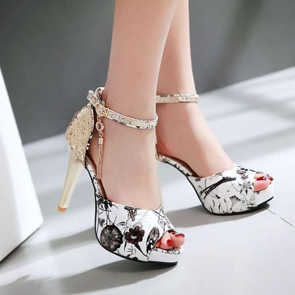 cm high thin heels with gold ornaments bling party shoes print woman sandals, Black