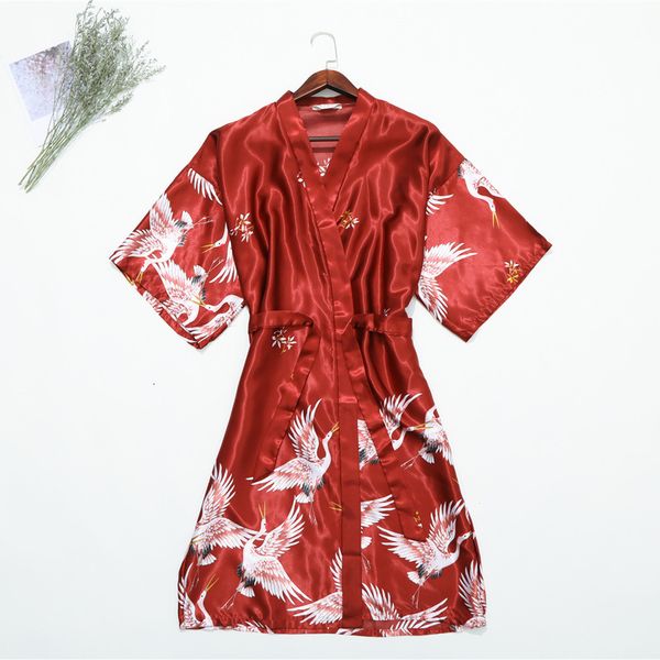 crane robe printed silk like single bridal morning home plus large, Black;red