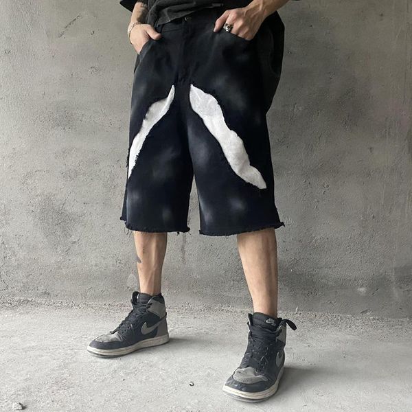 men's shorts high street tie dye graffiti contrast color ripped jeans mens oversize straight casual summer denim short, White;black
men's shorts high street tie dye graffiti contrast color ripped jeans mens oversize straight casual summer denim short, White;black