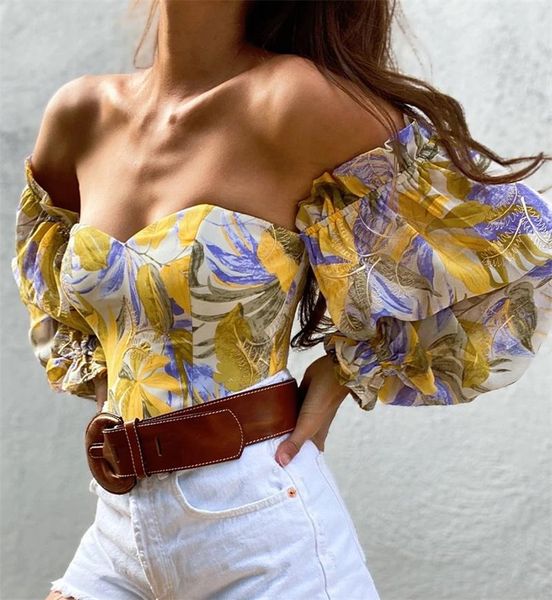 women's blouses & shirts chronstyle women floral print blouse crop long lantern sleeve off shoulder strapless pullovers autumn 2021, White 
women's blouses & shirts chronstyle women floral print blouse crop long lantern sleeve off shoulder strapless pullovers autumn 2021, White