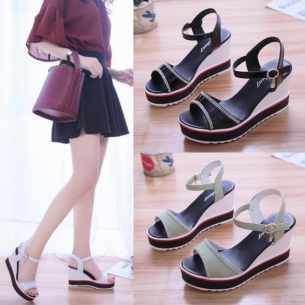 summer sandals slope heel diamond decoration high women shoes thick soled trend heels, Black
summer sandals slope heel diamond decoration high women shoes thick soled trend heels, Black