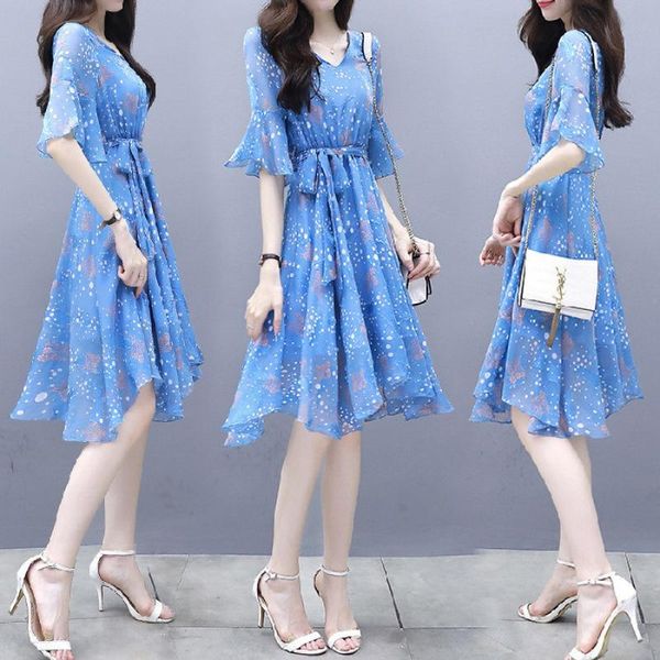 women's summer dress 2021 mid long fashion blue floral print vestido casual dresses, Black;gray
women's summer dress 2021 mid long fashion blue floral print vestido casual dresses, Black;gray