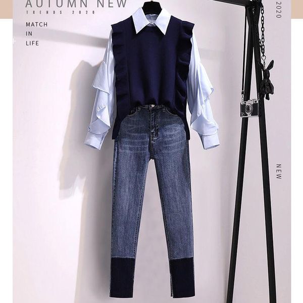 women's two piece pants women 2021 spring large size sets female loose ruffled shirt+o-neck vest ladies high waist slim jeans three-pie, White
women's two piece pants women 2021 spring large size sets female loose ruffled shirt+o-neck vest ladies high waist slim jeans three-pie, White