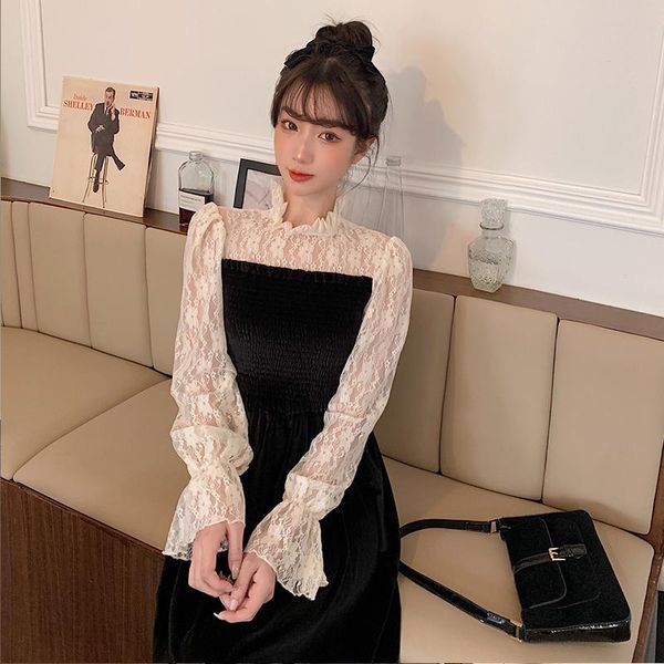 autumn waist is thin elastic band dress lace stitching velvet temperament a-line mid-length women casual dresses, Black;gray
autumn waist is thin elastic band dress lace stitching velvet temperament a-line mid-length women casual dresses, Black;gray