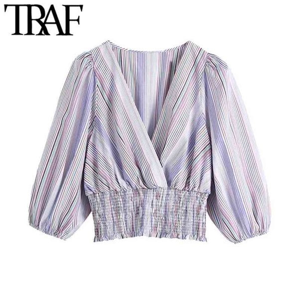 women fashion with elastic hem striped cropped blouses vintage v neck puff sleeve female shirts blusas chic 210507, White
women fashion with elastic hem striped cropped blouses vintage v neck puff sleeve female shirts blusas chic 210507, White