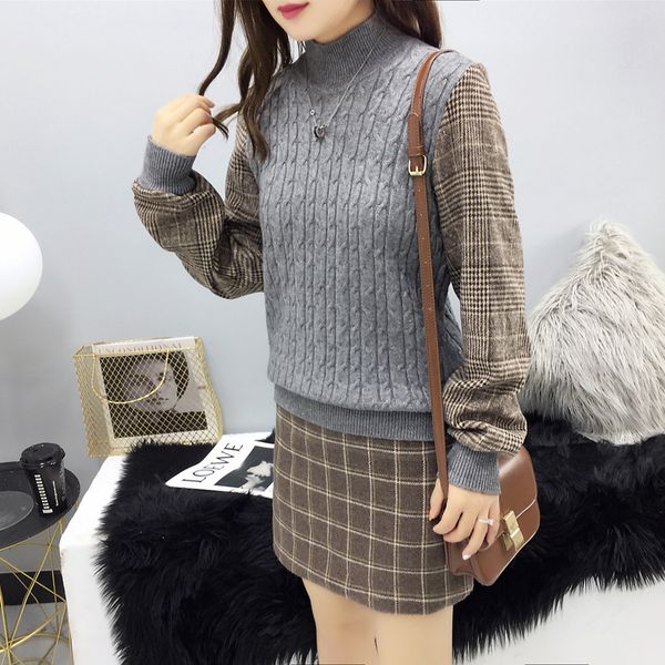 fashion sweater mid long plaid fake two pieces of bottoms can be delivered sleeve knitwear women's, White;black 
fashion sweater mid long plaid fake two pieces of bottoms can be delivered sleeve knitwear women's, White;black