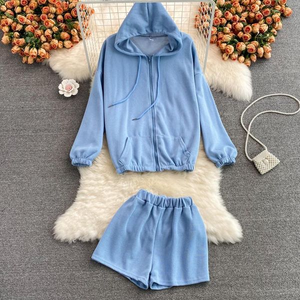 women's tracksuits autumn korean loose bf lazy style sweater zipper cardigan ins trendy two-piece suit high waist wide leg shorts, Gray