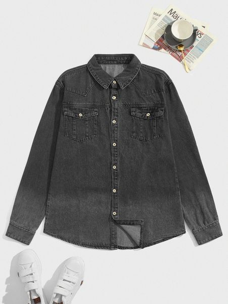men flap pocket curved hem denim shirt r2jl#, Blue
men flap pocket curved hem denim shirt r2jl#, Blue