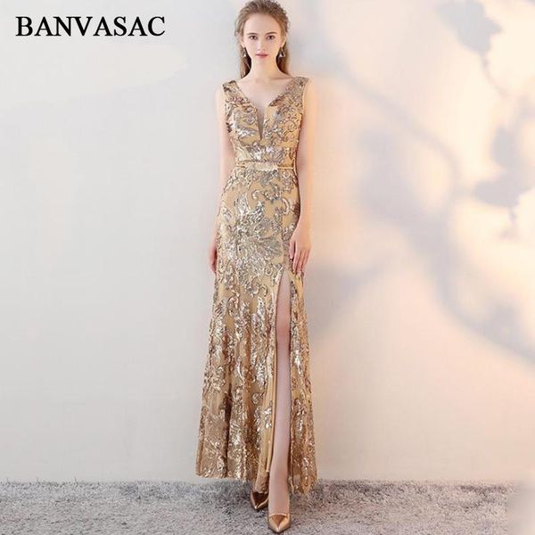 party dresses banvasac 2021 lace v neck sequined split mermaid long evening elegant metal sash backless prom gowns, White;black
party dresses banvasac 2021 lace v neck sequined split mermaid long evening elegant metal sash backless prom gowns, White;black