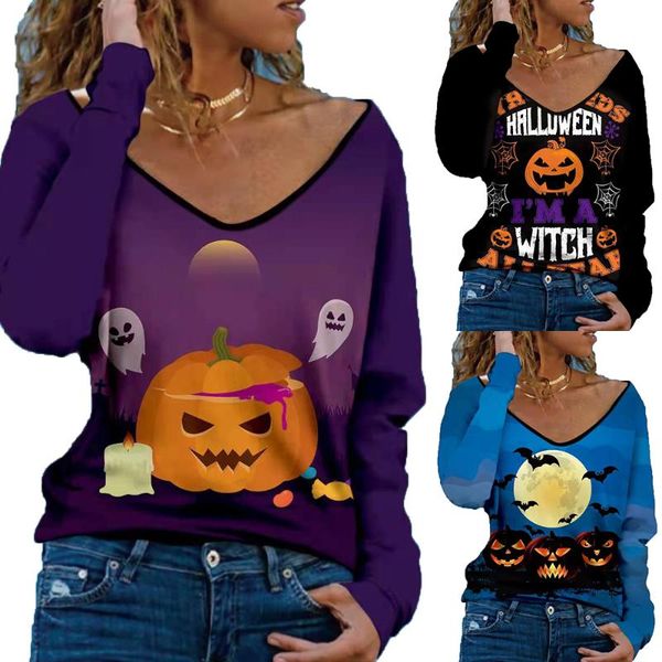 women's t-shirt women fashion halloween vintage print v-neck pumpkin cartoon long sleeve casual ladies top, White
women's t-shirt women fashion halloween vintage print v-neck pumpkin cartoon long sleeve casual ladies top, White