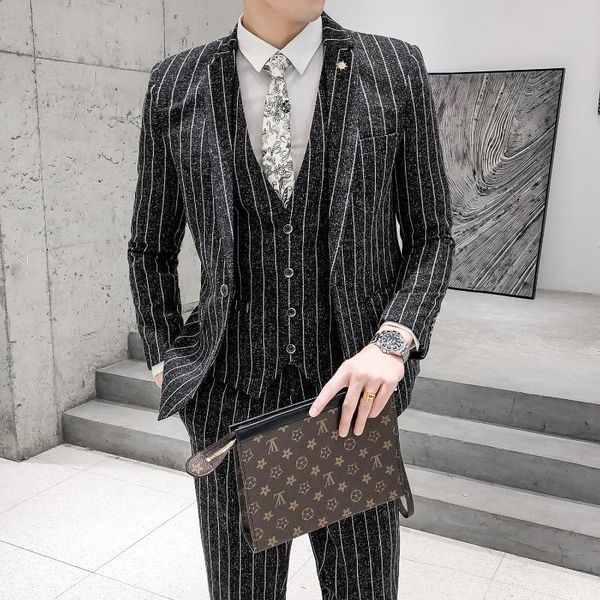 men's suits & blazers 3 pcs suit set jacket pants vest / 2021 fashion casual boutique business linen striped slim formal dress coat, White;black
men's suits & blazers 3 pcs suit set jacket pants vest / 2021 fashion casual boutique business linen striped slim formal dress coat, White;black