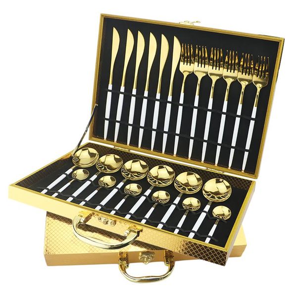 dinnerware sets 24pcs white gold flatware set 18/10 stainless steel cutlery knife fork spoon kitchen dinner with gift box
dinnerware sets 24pcs white gold flatware set 18/10 stainless steel cutlery knife fork spoon kitchen dinner with gift box