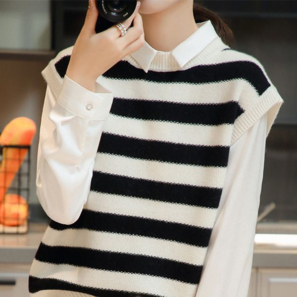 women's sweaters autumn 100% wool knitted jumper vest female sweater striped neck ess niwm, White;black
women's sweaters autumn 100% wool knitted jumper vest female sweater striped neck ess niwm, White;black