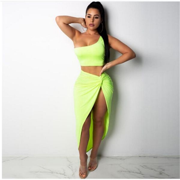 two piece dress neon color set for women one shoulder side ruched high split female bandange vestidos, White
two piece dress neon color set for women one shoulder side ruched high split female bandange vestidos, White