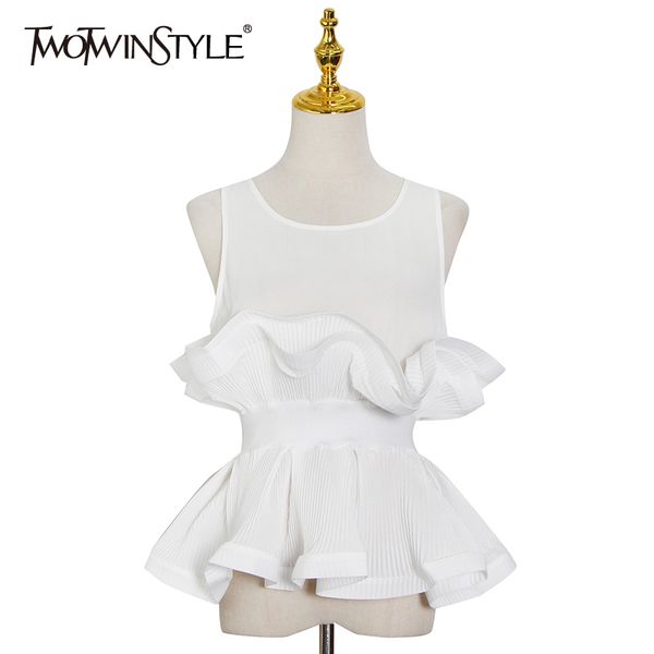 elegant patchwork ruffle shirt for women o neck sleeveless tunic white blouse female fashion new tide clothing 210428