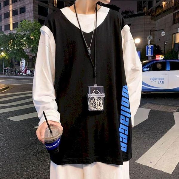 men's t-shirts simple long-sleeved t-shirt autumn fake two pieces of hong kong style male students all-match compassionate korean top, White;black
men's t-shirts simple long-sleeved t-shirt autumn fake two pieces of hong kong style male students all-match compassionate korean top, White;black