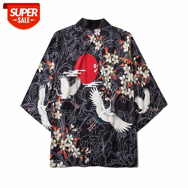 

source chinese style crane three-quarter sleeve robe japanese ukiyo-e flying wave men and women loose shirt #lr3g, White;black