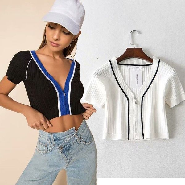 t shirt 2021 spring fashion v-neck short sleeve color matching zipper knitted cardigan, White
t shirt 2021 spring fashion v-neck short sleeve color matching zipper knitted cardigan, White