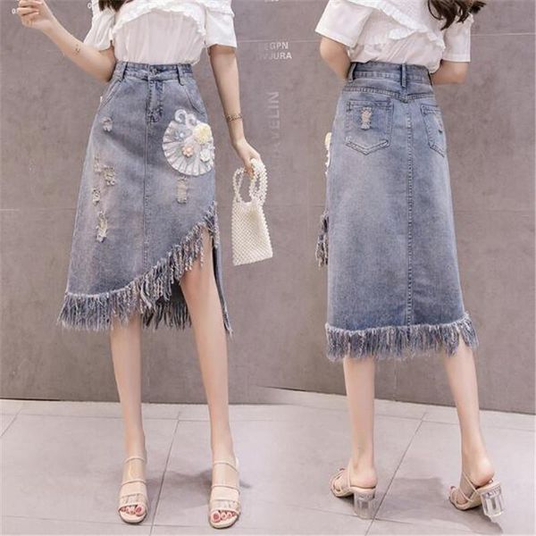 skirts 2021 classic denim skirt women irregular pearl flowers lace package hip fringed hole fashion side split, Black
skirts 2021 classic denim skirt women irregular pearl flowers lace package hip fringed hole fashion side split, Black