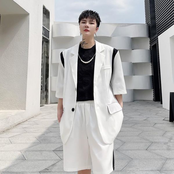 men's suits & blazers 2021 summer contrast stitching short sleeve suit half shorts two piece, White;black
men's suits & blazers 2021 summer contrast stitching short sleeve suit half shorts two piece, White;black