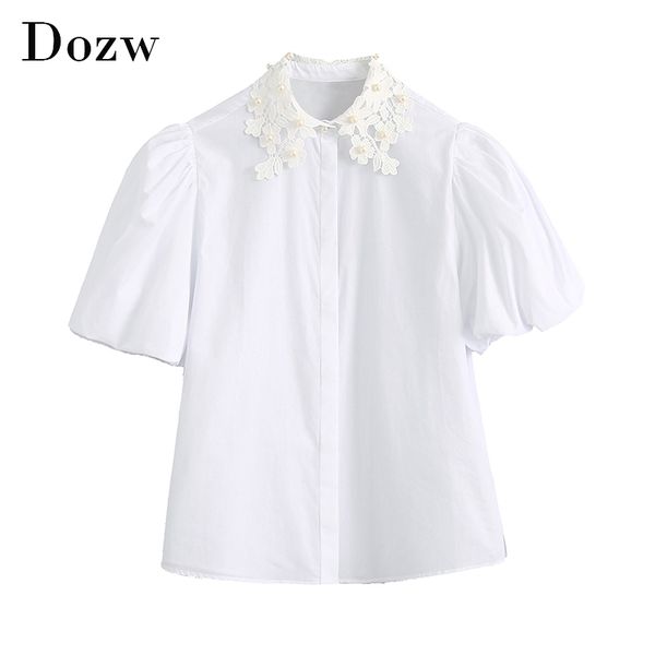 women elegant lace patchwork white cotton blouse fashion faux pearl beading tunic puff short sleeve female shirts 210414
women elegant lace patchwork white cotton blouse fashion faux pearl beading tunic puff short sleeve female shirts 210414