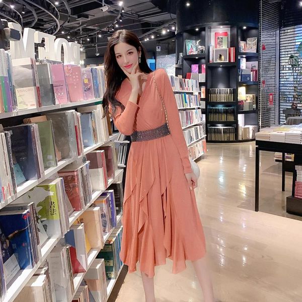 casual dresses 2021 long sleeve chiffon women dress lady party ruffle elegant autumn winter pink vestidos with belt, Black;gray
casual dresses 2021 long sleeve chiffon women dress lady party ruffle elegant autumn winter pink vestidos with belt, Black;gray