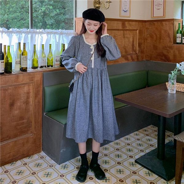 winter dress woolen plaid brown vintage with knitted long sleev for women casual dresses, Black;gray 
winter dress woolen plaid brown vintage with knitted long sleev for women casual dresses, Black;gray