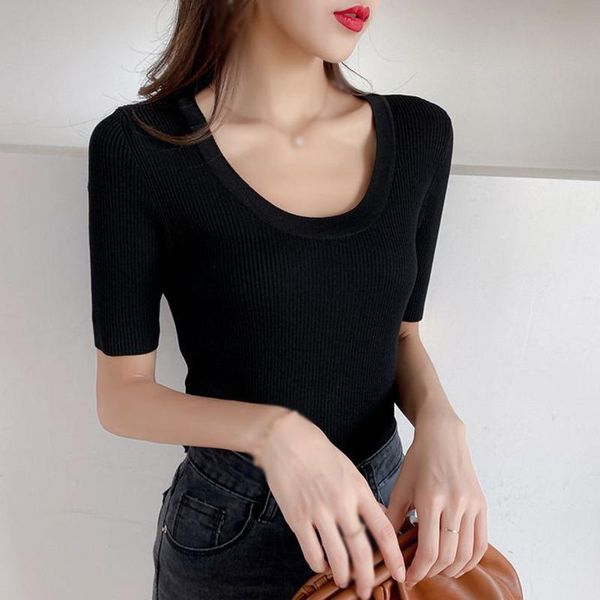 women's t-shirt solid knitted short sleeve t-shirts summer u-neck slim fashion tee simple basic casual for women, White
women's t-shirt solid knitted short sleeve t-shirts summer u-neck slim fashion tee simple basic casual for women, White
