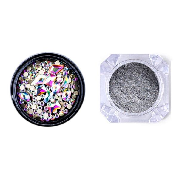 box mixed 3d rhinestones nail art gems & 1 pcs electroplating metallic color mirror glitter powder equipment, Silver
box mixed 3d rhinestones nail art gems & 1 pcs electroplating metallic color mirror glitter powder equipment, Silver