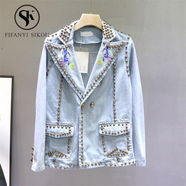 women's jackets 2021 spring women denim jacket embroidery rivet notched collar jeans female fashion loose washed coat streetwea, Black;brown
women's jackets 2021 spring women denim jacket embroidery rivet notched collar jeans female fashion loose washed coat streetwea, Black;brown