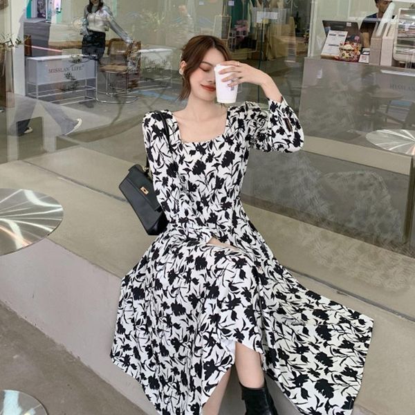 casual dresses black floral printed long dress sleeved korean style square collar high waist slim for spring and autumn hrt4, Black;gray
casual dresses black floral printed long dress sleeved korean style square collar high waist slim for spring and autumn hrt4, Black;gray