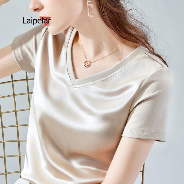 women's t-shirt acetic acid 2021 summer korean loose stitching satin v-neck short sleeve, White
women's t-shirt acetic acid 2021 summer korean loose stitching satin v-neck short sleeve, White