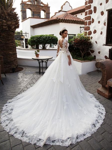 long sleeve wedding dress applique lace beading princess ball gowns o-neck bride sashes with bow, White
long sleeve wedding dress applique lace beading princess ball gowns o-neck bride sashes with bow, White