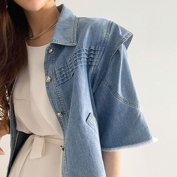 women's jackets women 2021 summer korean chic ladies vintage lapel pleated single-breasted design loose fringed denim jacket, Black;brown
women's jackets women 2021 summer korean chic ladies vintage lapel pleated single-breasted design loose fringed denim jacket, Black;brown