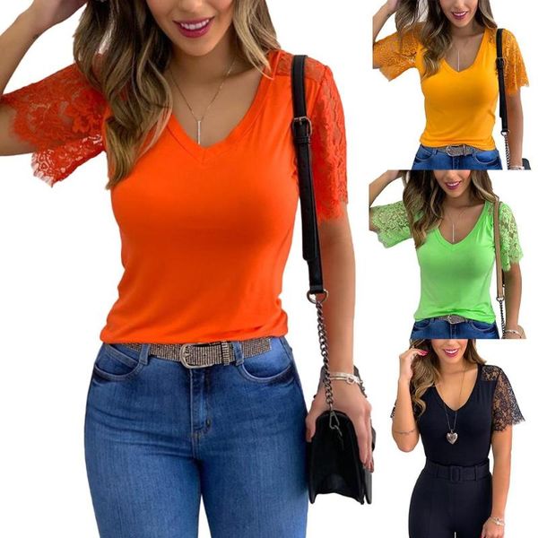 women's t-shirt women summer v neck lace patchwork short sleeve slim solid office ladies wild casual tee shirts, White
women's t-shirt women summer v neck lace patchwork short sleeve slim solid office ladies wild casual tee shirts, White