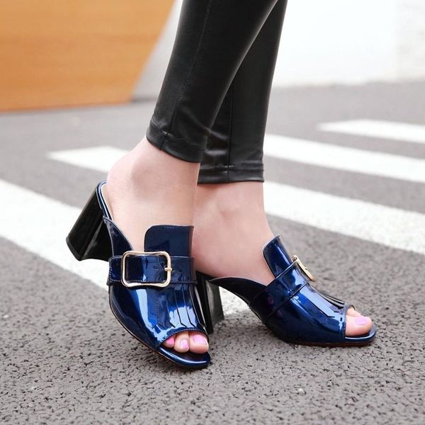 fashion slippers for women summer slip on peep toe 2021 patent leather tassel block high heels ladies dress slides blue size 42, Black
fashion slippers for women summer slip on peep toe 2021 patent leather tassel block high heels ladies dress slides blue size 42, Black