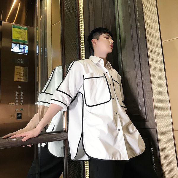 vintage short sleeve trim black line casual white shirt male streetwear hip hop fashion party shirts stage show clothes, White;black
vintage short sleeve trim black line casual white shirt male streetwear hip hop fashion party shirts stage show clothes, White;black