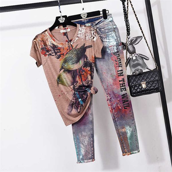 women's two piece pants summer vintage print tshirt pencil denim 2 set women loose short sleeve t shirt jeans suit female fa bmvb, White
women's two piece pants summer vintage print tshirt pencil denim 2 set women loose short sleeve t shirt jeans suit female fa bmvb, White
