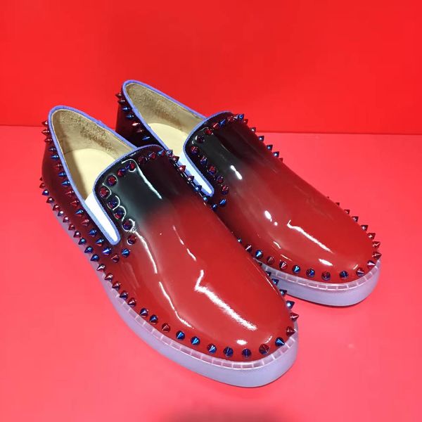red bottom ladies black patent genuine leather low cut spikes loafers casual sneaker shoes for men circle color rivets flat, Red;white
red bottom ladies black patent genuine leather low cut spikes loafers casual sneaker shoes for men circle color rivets flat, Red;white