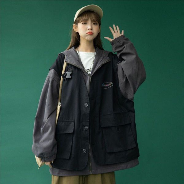 women's jackets fake two techwear for men women nice korean hip hop loose spring autumn preppy trend vintage punk cargo hoody coats, Black;brown 
women's jackets fake two techwear for men women nice korean hip hop loose spring autumn preppy trend vintage punk cargo hoody coats, Black;brown