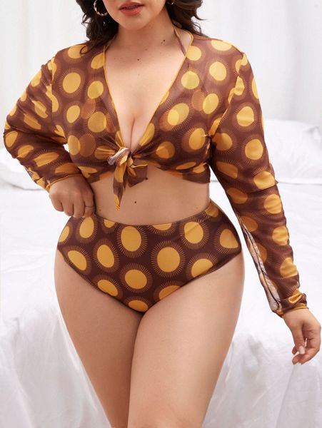 plus polka dot print halter bikini swimsuit & cover up x7bp#, Black