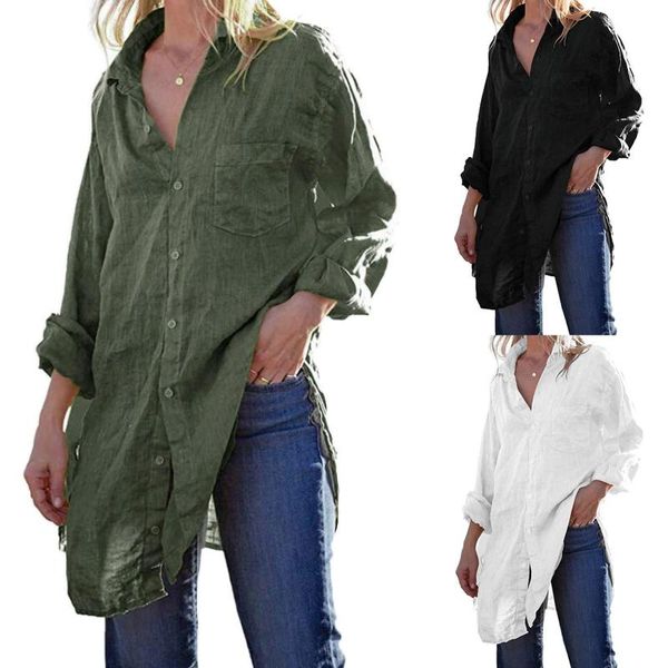 women's blouses & shirts women linen cotton long blouse loose solid color and sleeve pocket elegant office streetwear, White
women's blouses & shirts women linen cotton long blouse loose solid color and sleeve pocket elegant office streetwear, White