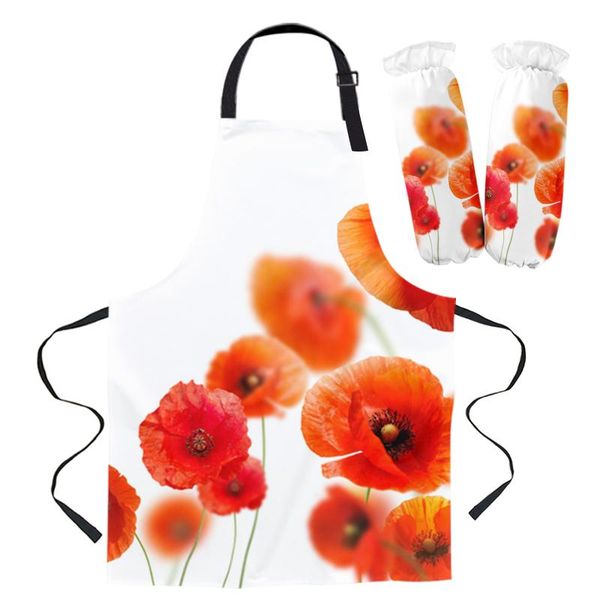 plant red poppy flower apron kitchen household cleaning barber baking accessories aprons for woman