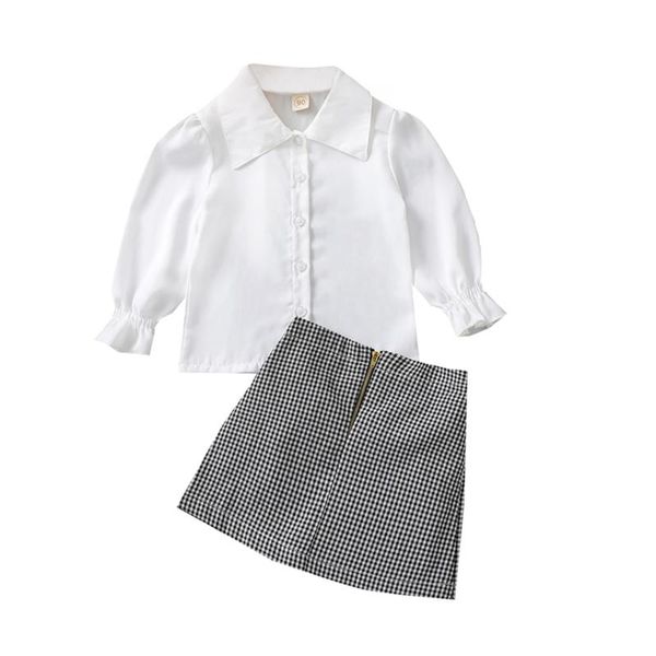 clothing sets 2pcs sweet style girls outfit, autumn toddlers solid color long sleeve lapel single-breasted shirt + plaid short skirt, White
clothing sets 2pcs sweet style girls outfit, autumn toddlers solid color long sleeve lapel single-breasted shirt + plaid short skirt, White